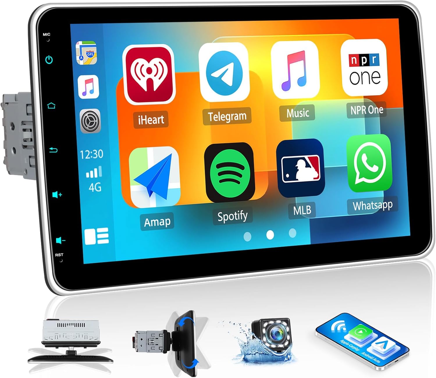 Single Din Car Stereo with Wireless Carplay Android Auto,10.1 Inch Detachable Touch Screen Car Radio with Mirror Link,Bluetooth,FM/RDS Radio EQ,Car Multimedia Player Support AUX/USB SWC+Backup Camera