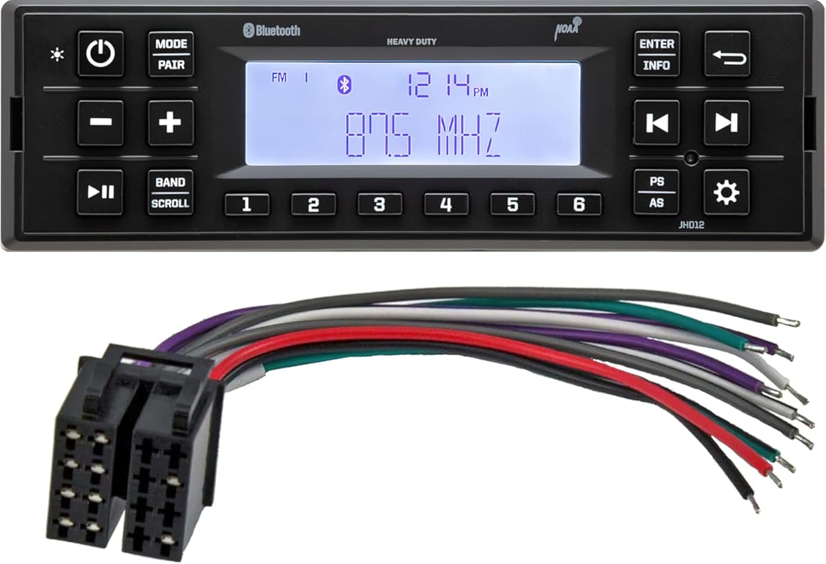 JHD12B Heavy-Duty Bluetooth Stereo with 31100100 Harness; Weatherband; AM/FM Tuner with 30 Presets; LCD Display; Two-Wire Power; Work Timer; 12VDC; Toggle Switch Between Day and Night Display