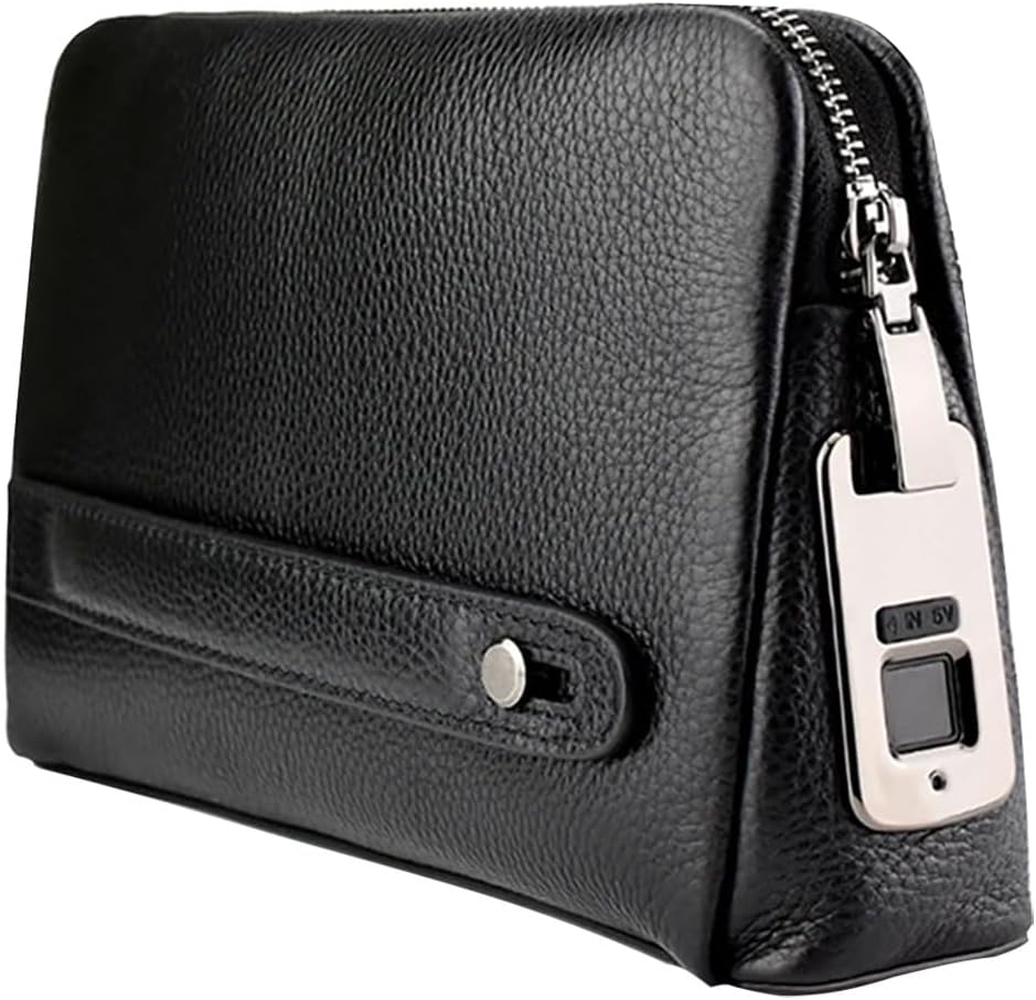 Welaso Fingerprint Lock Leather Handbag,Anti Theft Waterproof Genuine Leather Clutch Bag Wallet for Man Woman (Black)