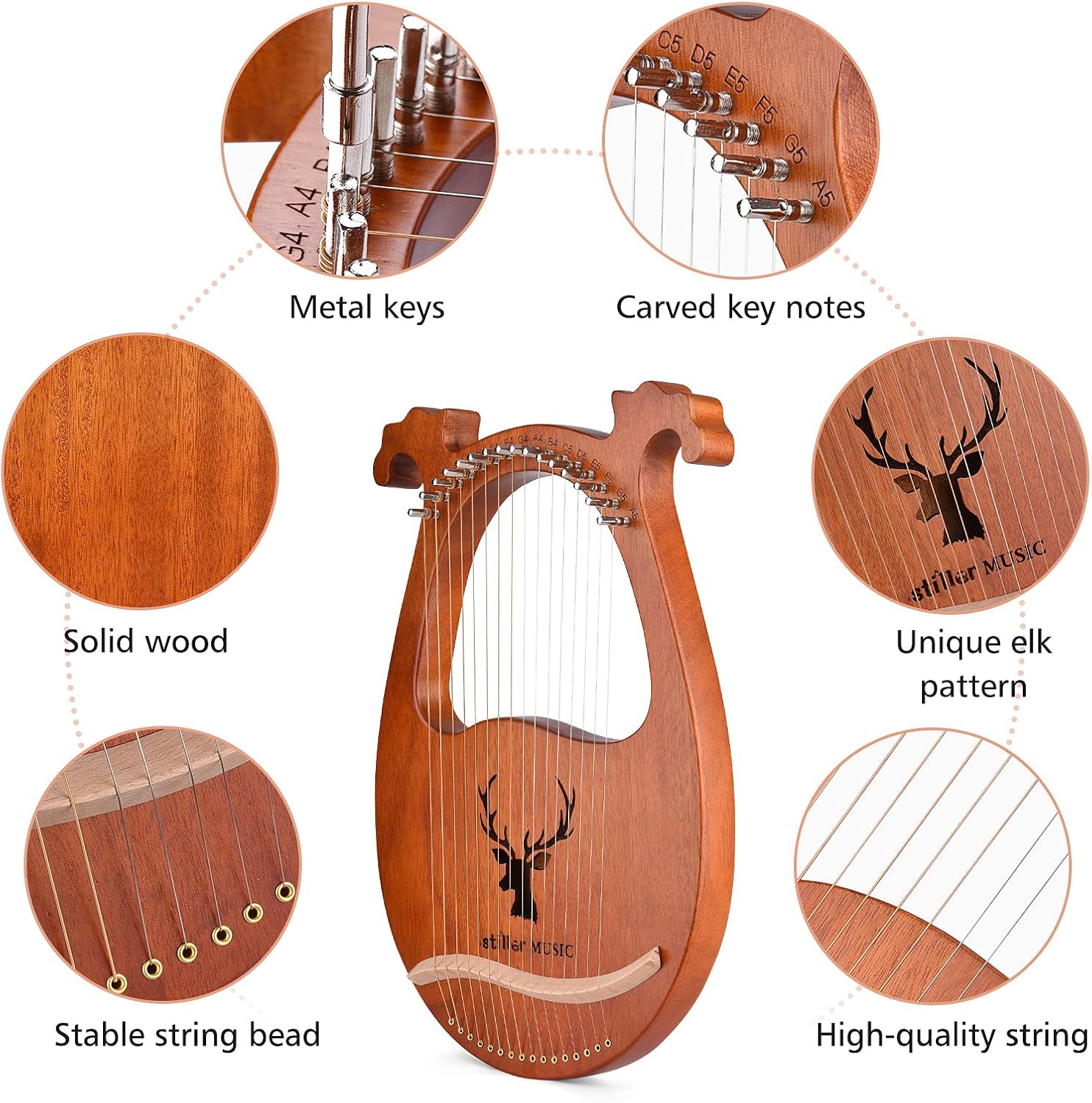 Lyre Harp, 16 String Lyre Harp Elk Pattern Solid Wood String Instrument Harp Harps with Tuning Hammer Strings Cleaning Cloth Picks for Beginners