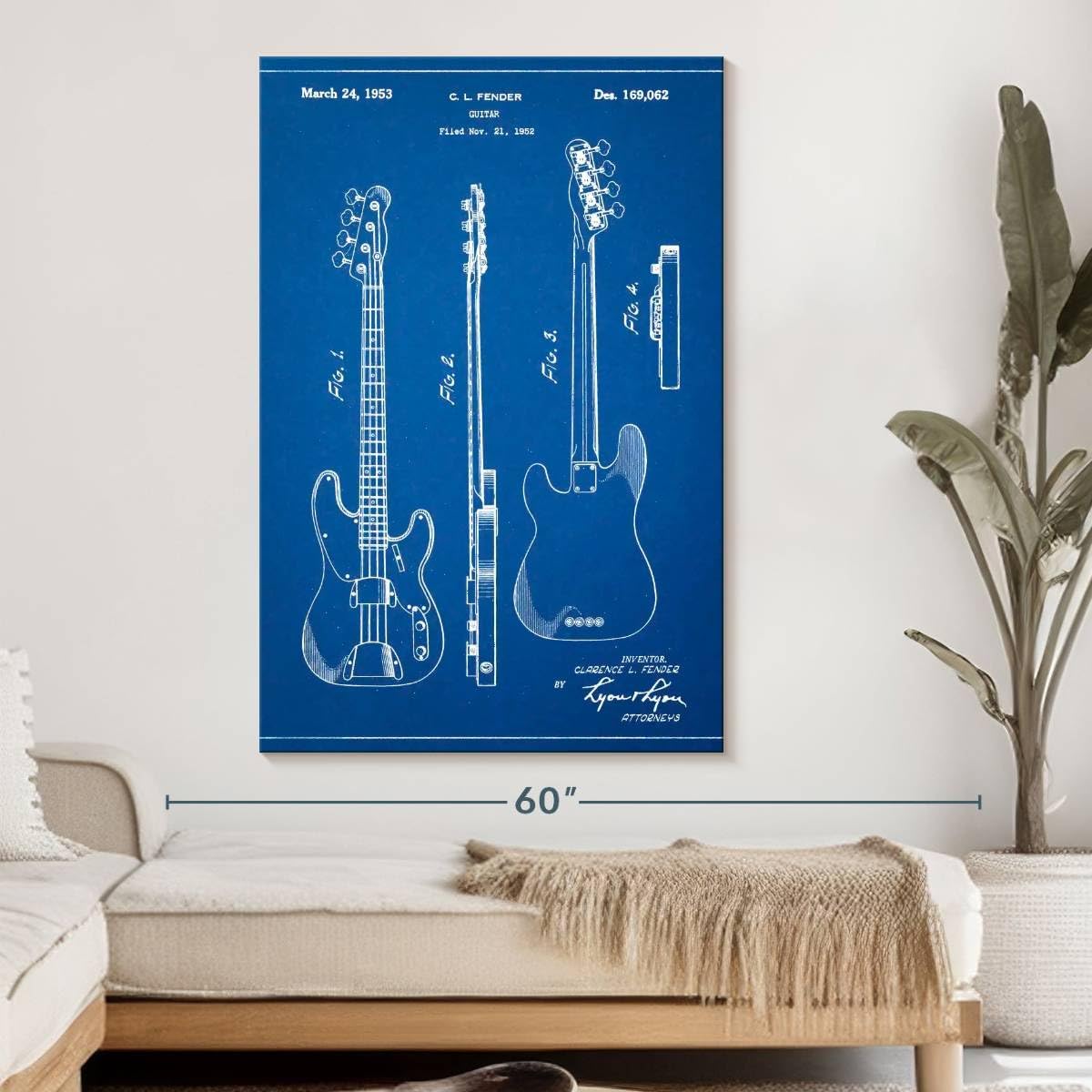 Elephant Stock - Blueprint Fender Precision Bass Guitar Patent Poster Wall Art - Vertical Canvas Wall Art - Living Room Wall Decor - Drawing Music Blueprints Canvas Art - Blue And White Decor by Cole Borders - 34