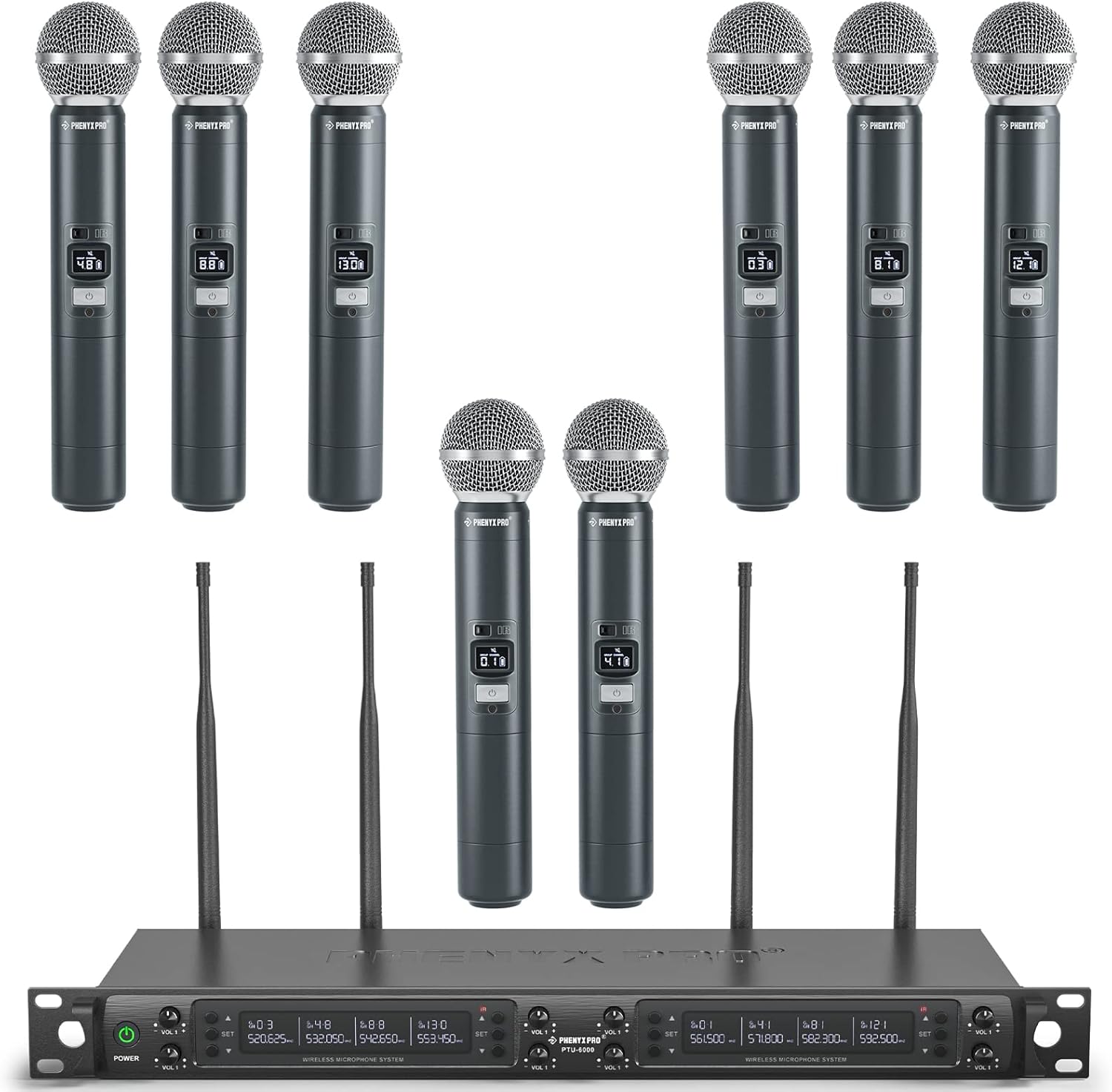 Phenyx Pro Wireless Microphone System, Eight-Channel Wireless Mic, w/ 8 Handheld Dynamic Microphones, Auto Scan,8x40 Adjustable UHF Channels Bundle with The Extra Large Size Carrying Case