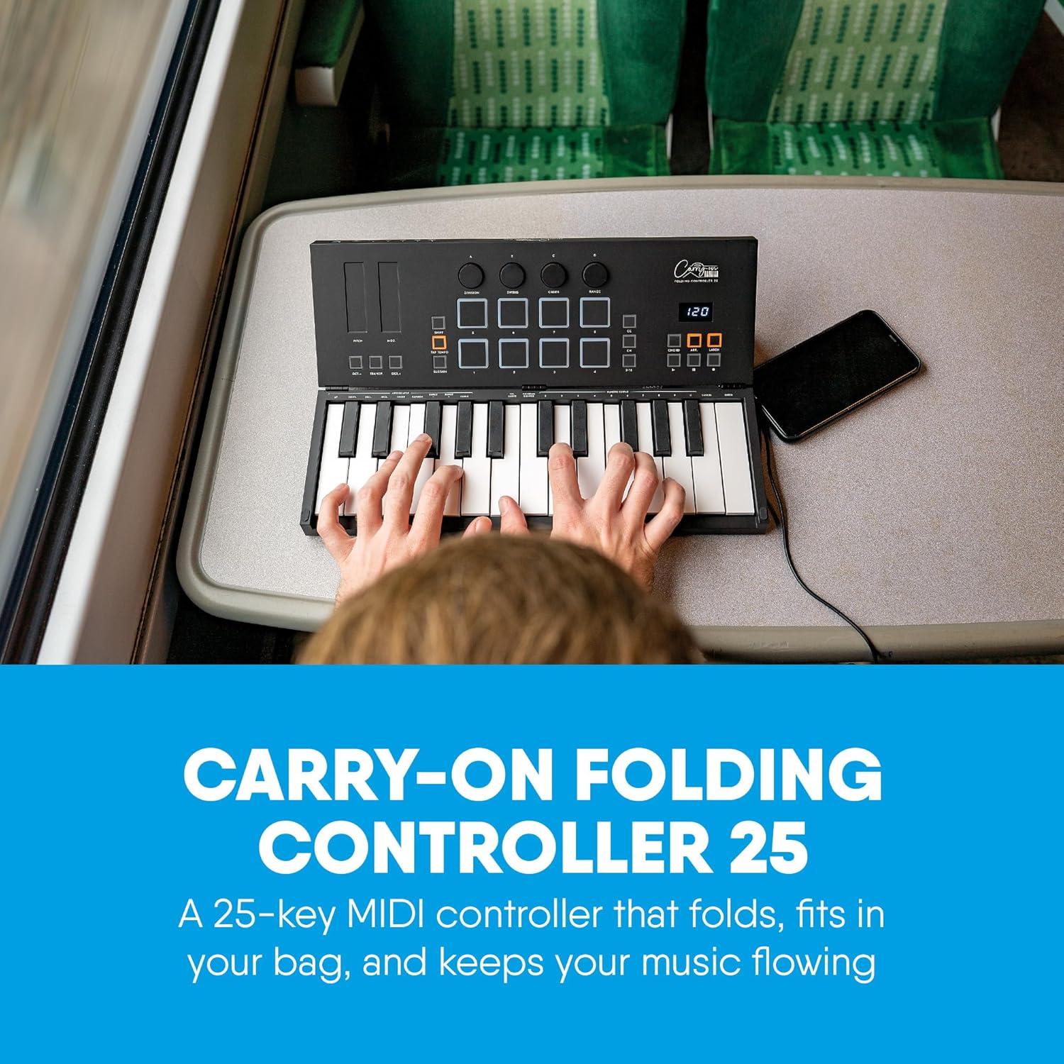Carry-on Folding MIDI Controller 25 - MIDI Over Bluetooth &USB Ultra-Portable Keyboard Controller - Built-In Battery for Professional Music Production - Compatible with Mac, PC, iOS