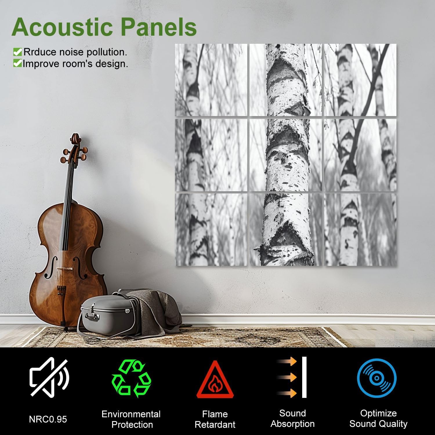 Art Acoustic Panels Self Adhesive black white photo white birches birch bark birch trees 9 Packs Decorative Soundproof Wall Panels Large Sound Absorbing Panels for Home Office 60