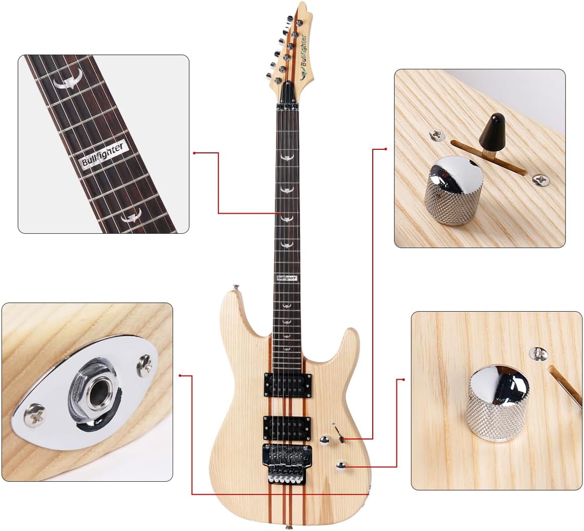 Bullfighter Electric Guitar Kit 39 Inch Full Size, Elm Thru Body Neck, 6 Extra String, Picks, Gig Bag, Shoulder Strap, Cable D300 (wood)