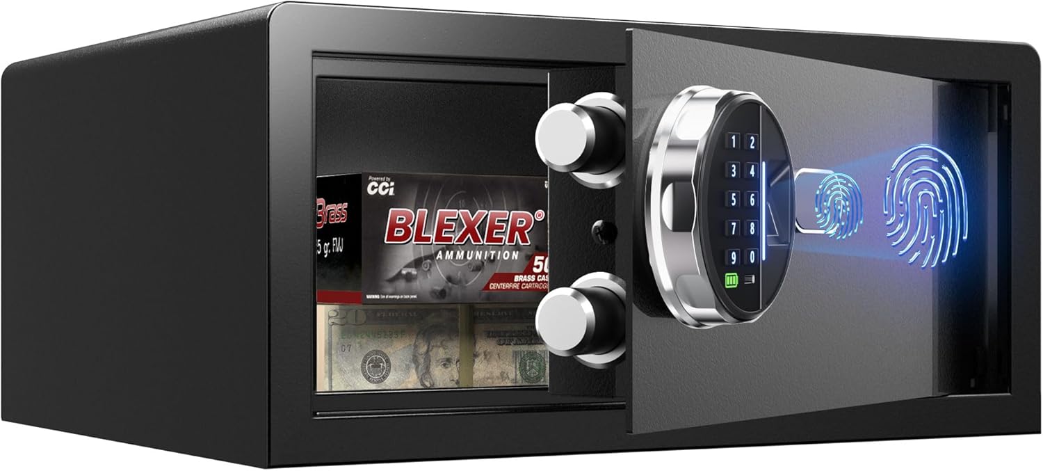 Grimtron Biometric Safe Box - (1.13 cu. ft.) Fingerprint Home Safe with Silent Mode, Backlit Keypad and LED Light, Secure Money Safe Caja Fuerte, Anti-Rust, Anti-Theft, Anti-Pry