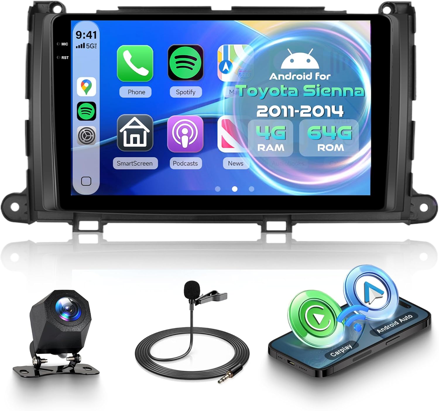 4G+64G Android Car Radio for Toyota Sienna 2011-2014 with Wireless CarPlay Android Auto, 9” Incell Touchscreen Car Stereo Mirror Link GPS Navigation WiFi Bluetooth FM RDS EQ SWC Backup Camera