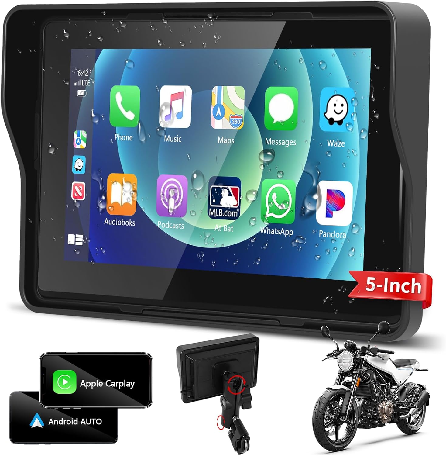 Podofo 2025 Upgrade Motorcycle GPS Wireless Apple Carplay/Android Auto Waterproof Car Stereo, 5