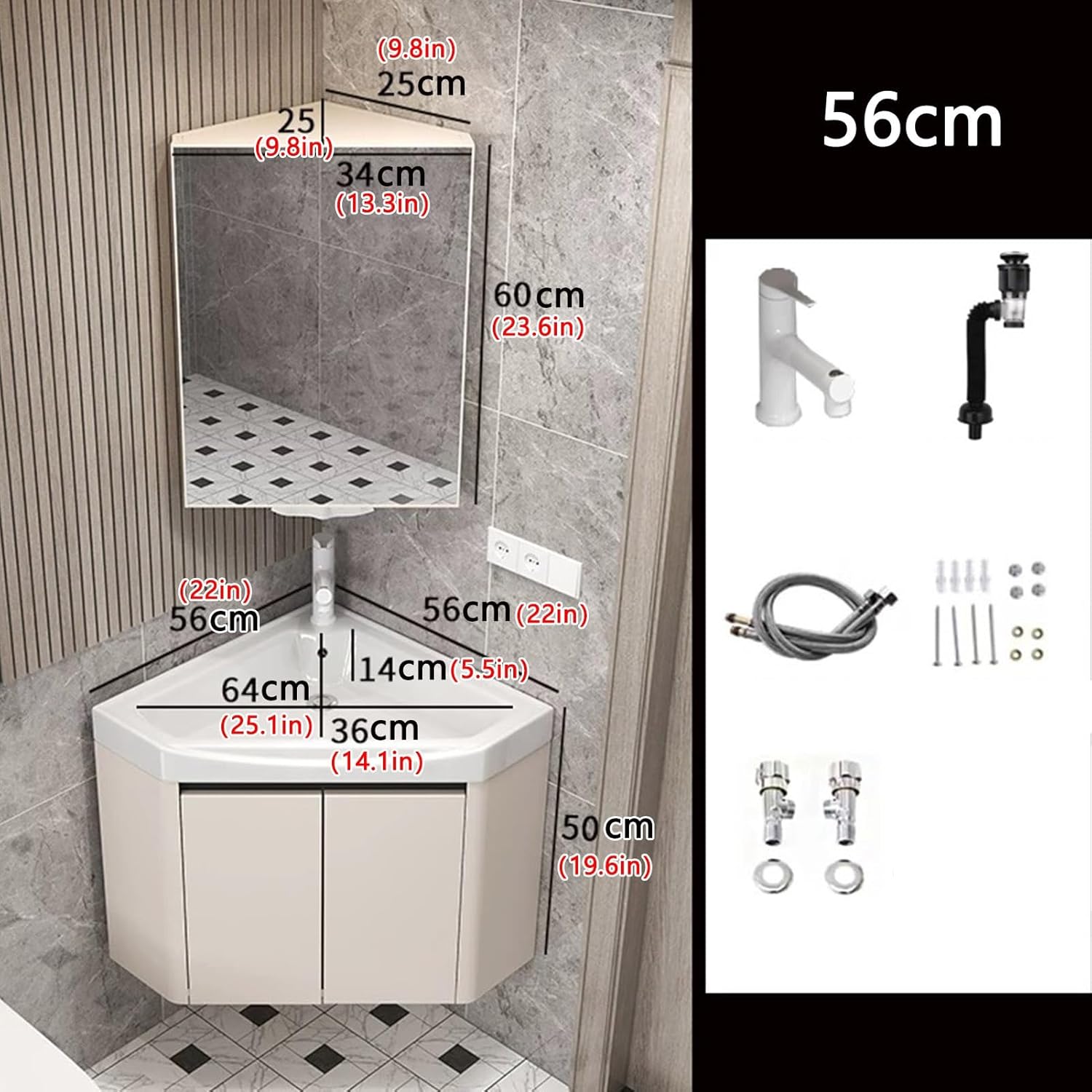 Bathroom Sink, Corner Bathroom Sink, Corner Wall Mount Bathroom Sink, Corner Ceramic Sink, Corner Bathroom Beige Vanity, Corner Balcony Sink with Storage Container(56cm/22in)