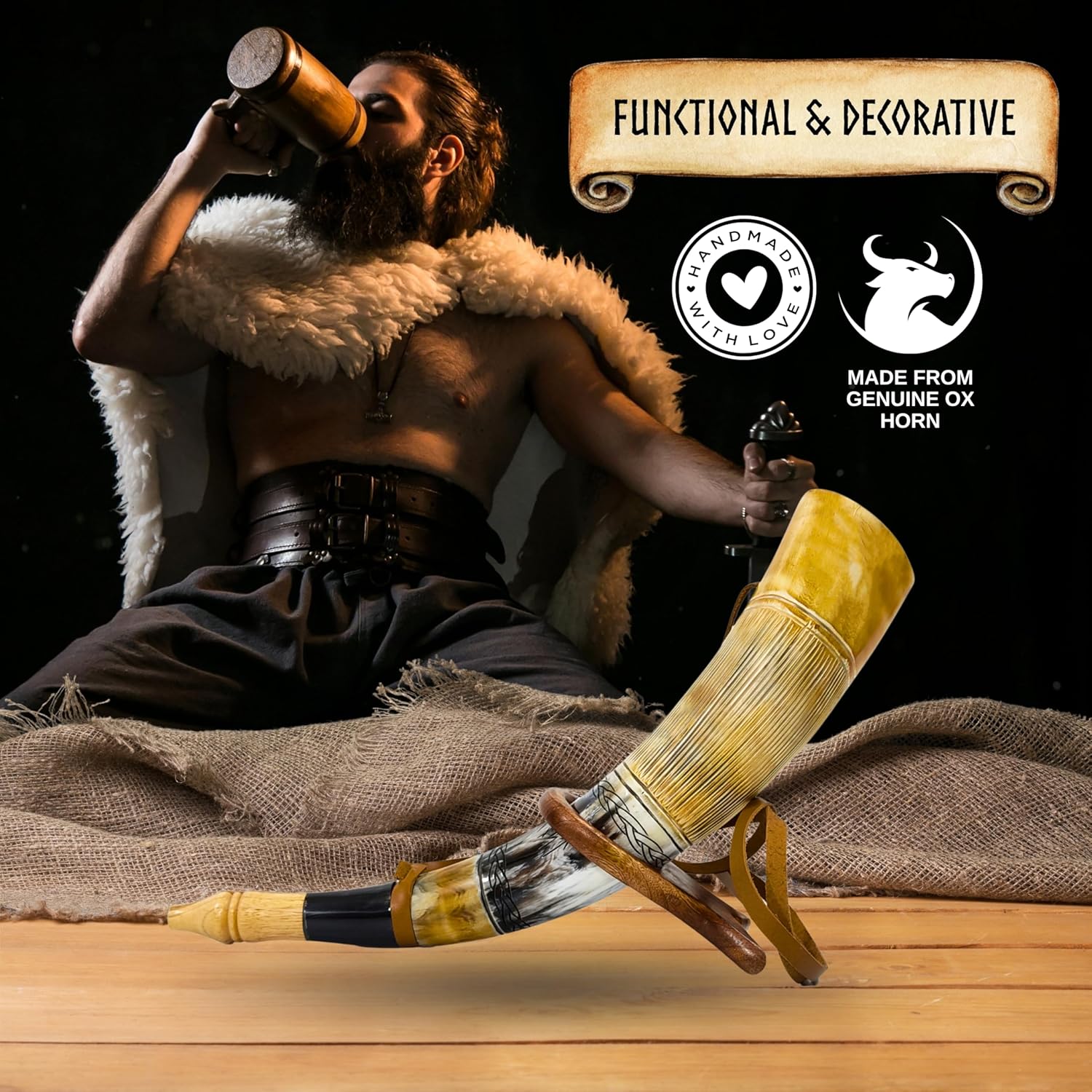 Viking Blow Horn | Genuine Ox Horn Trumpet | Viking Bugle Hunting tool with Wooden Stand | Ideal for Medieval Battle & Norse Gathering Fans | Handcrafted Antique Unique Gift for Men - 16