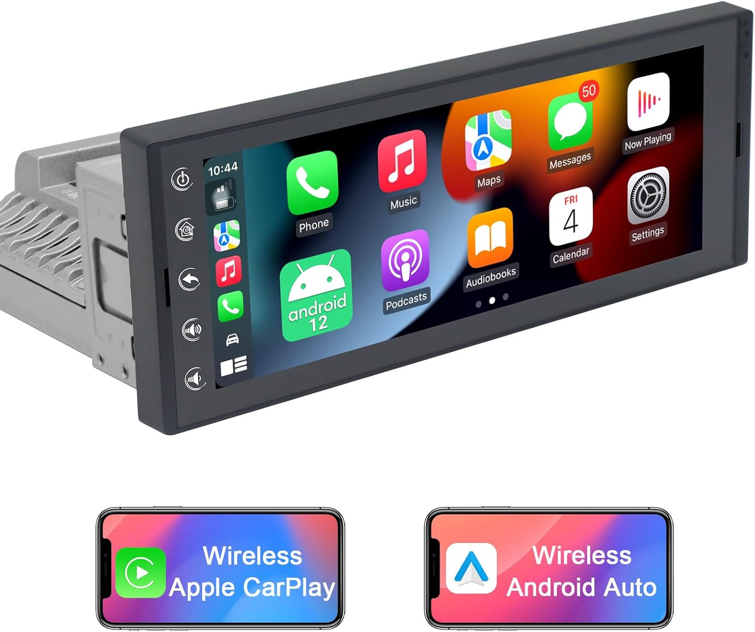 6.9 Inch Single Din Touchscreen Car Stereo with Wireless CarPlay & Wireless Android Auto, Android 10 Single Din Radio Multimedia System, GPS, Bluetooth, WiFi, FM, SWC, USB
