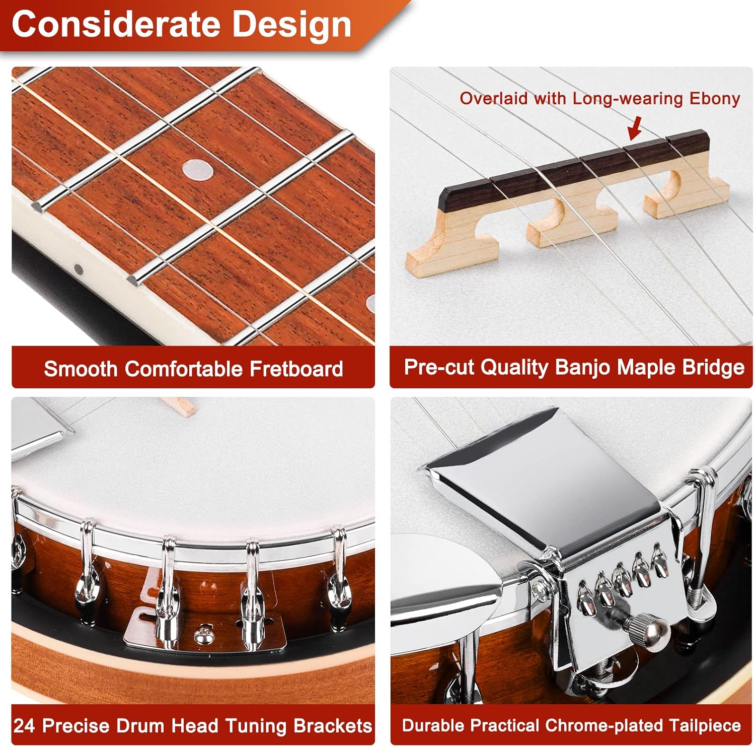 Vangoa Banjo 5 String Beginner Full Size Kit, Remo Head 24 Bracket Open Back Banjo Set with Resonator for Starter Adult Youth Teen