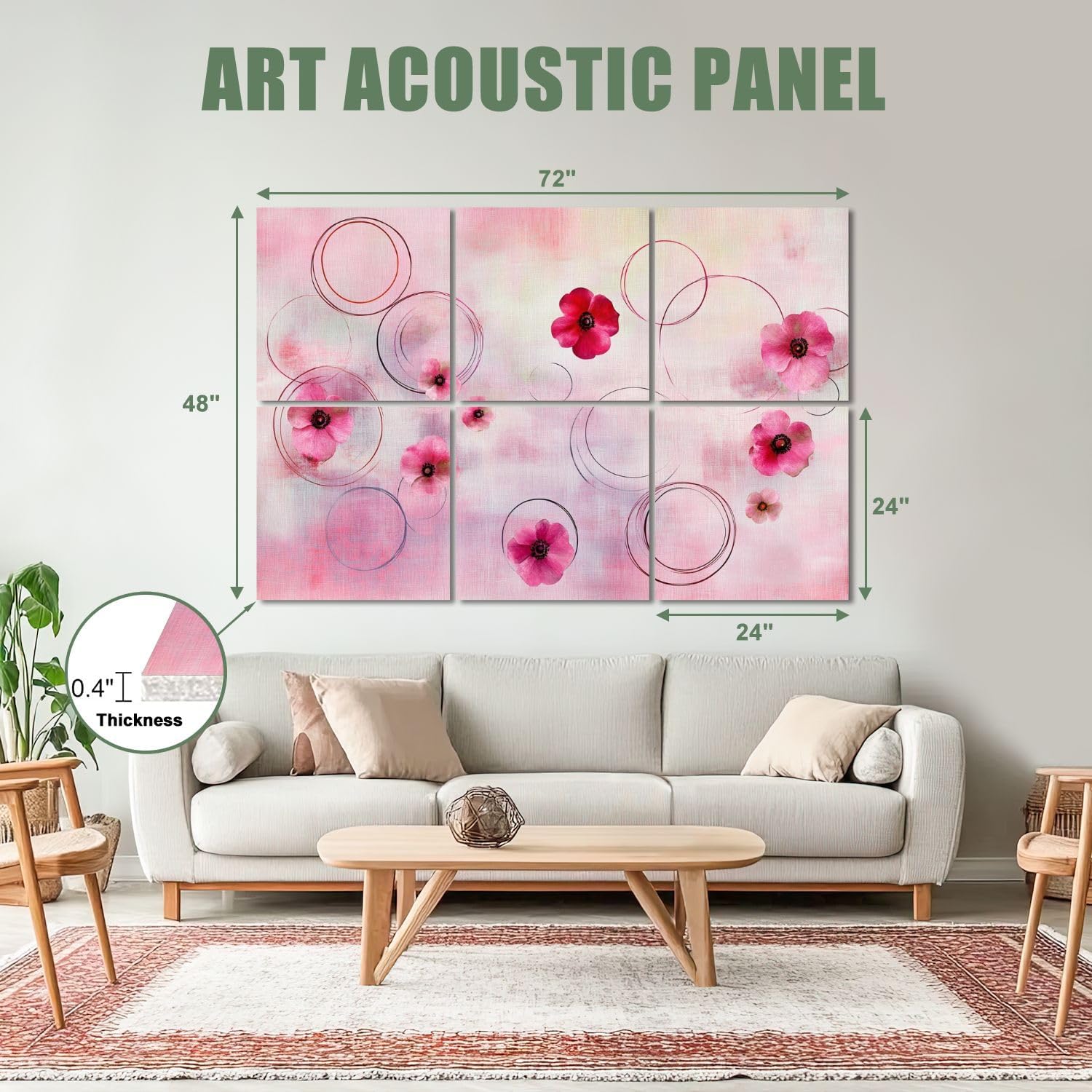 6 Pack Art Acoustic Panels Sound Absorbing Vintage Flowers Pink Rose Retro Floral Farmhouses Circular Patterns Decorative Soundproof Wall Panels Self Adhesive for Recording Studios Office 72