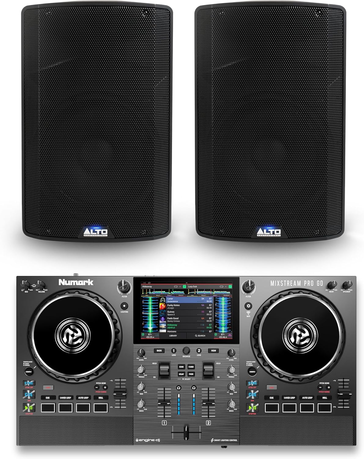 Numark Mixstream Pro Go DJ Controller and ALTO TX415 Powered PA Speakers Pair for Live Music, DJ sets, Events, Music production