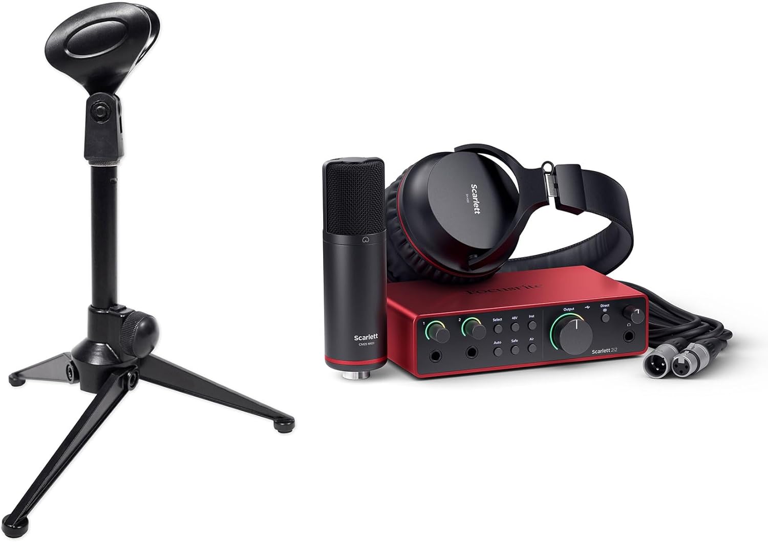 Audiosavings Bundle: Rockville RDTS Adjustable Height Studio Desktop Tripod Microphone Stand+Mic Clip Bundle with Focusrite Scarlett 2i2 Studio 4th Gen Recording Interface+Headphones+Mic (2 Items)