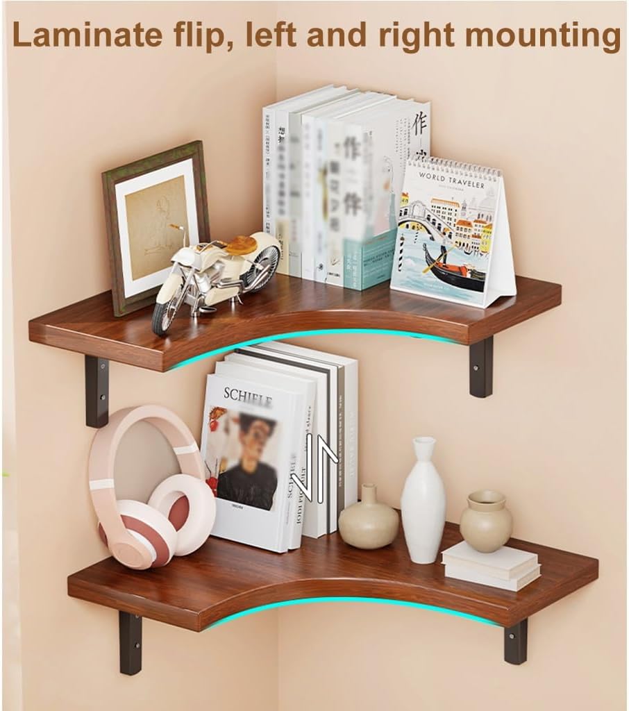 Bookshelf Wall Storage Rack Corner Triangle Shelveing Unit,Rustic Wood Wall Storage Display Shelves for Living Room Bedroom Kitchen (Original Wood 2 Tier)