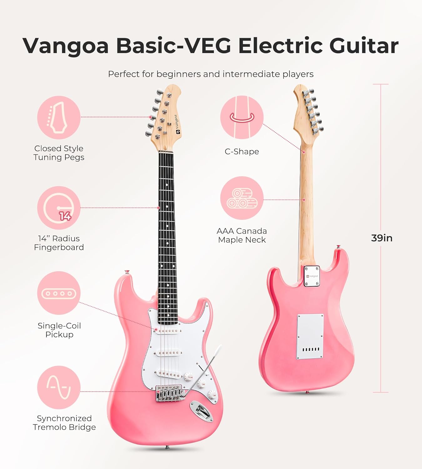 Vangoa 39 Inch Full Size Electric Guitar Beginner Kit Solid Body SSS Pickups with Amp, Bag, Tremolo Bar, Strings, Tuner, Picks, Strap, Capo, Cable for Starter Girls Adults Teens, Petal Pink