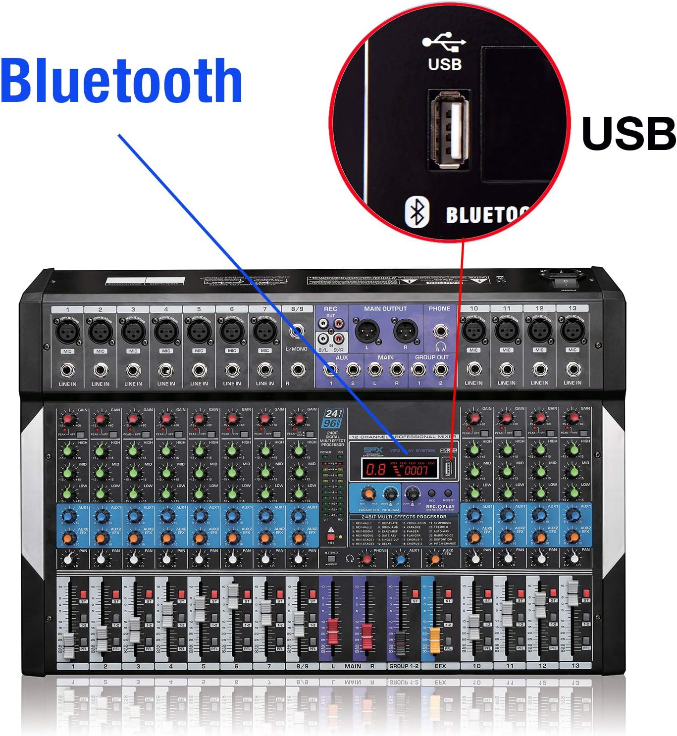 Boytone 12 Channel Bluetooth Studio Audio Mixer - DJ Sound Controller, USB MP3 Player, PC Recording, 96 KHZ, 11 Microphone Jack, 48V Phantom Power, 24BIT Digital Effect, Metal chassis, unpowered