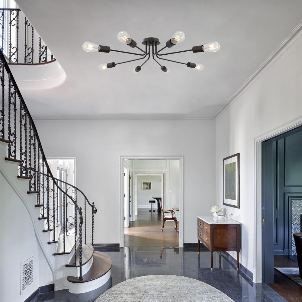 Modern 8 Light Ceiling Light Industrial Metal Oil Rubbed Bronze Sputnik Chandelier Semi Flush Mount Light for Dining Room Living Room Kitchen Bedroom Cafe Bar Hallway