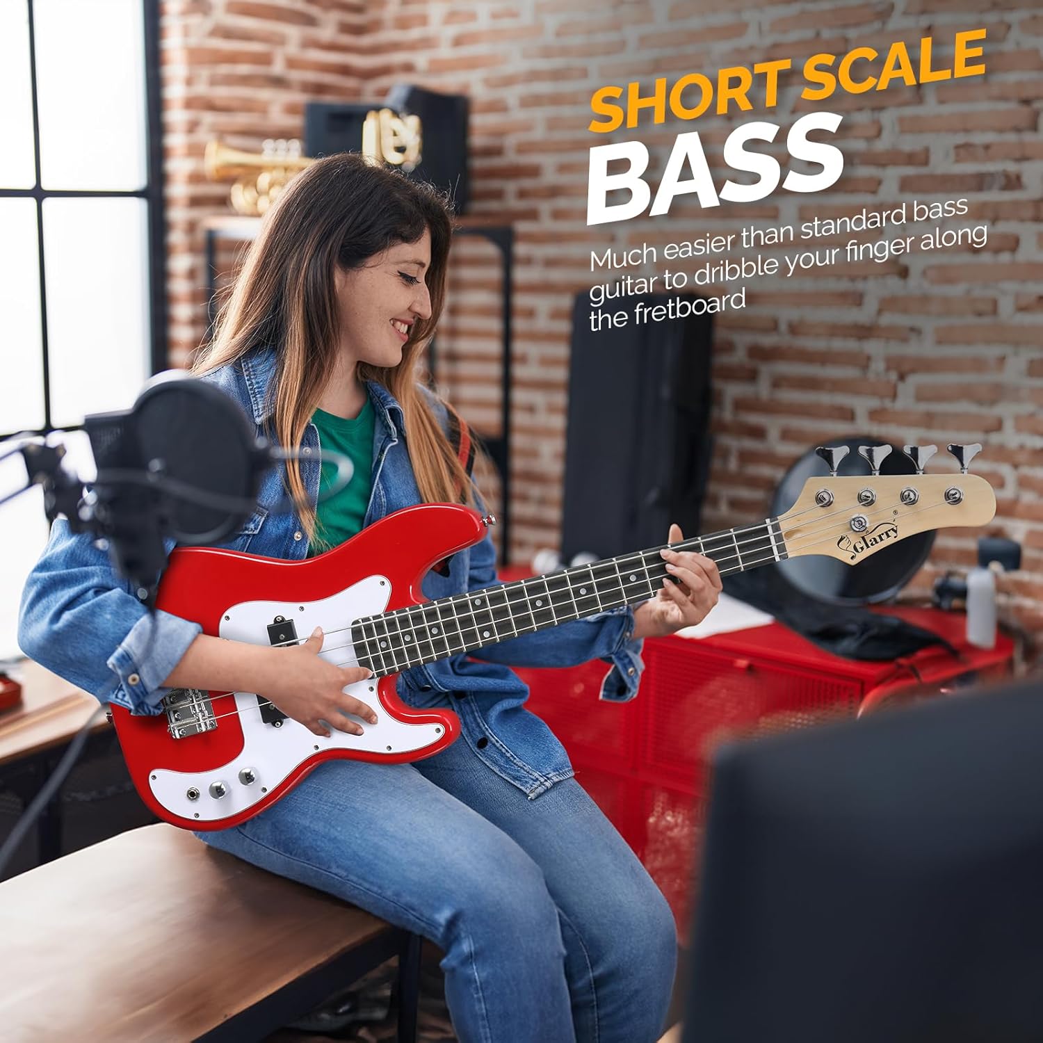 GLARRY 36in Electric Bass Guitar, 4 String Beginner Starter Kit with Accessories including Cable, Strap, Bag for Adults (Red)