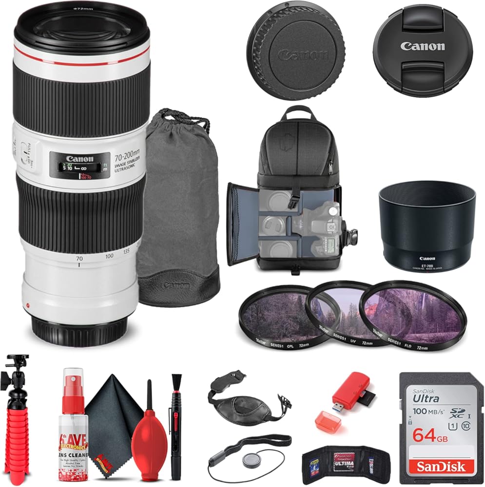 Canon EF 70-200mm f/4L is II USM Lens (2309C002) with Filter Kit, Backpack, 64GB Card, Card Reader, Flex Tripod, Memory Wallet, Cap Keeper, Cleaning Set, Hand Strap and More (Renewed)