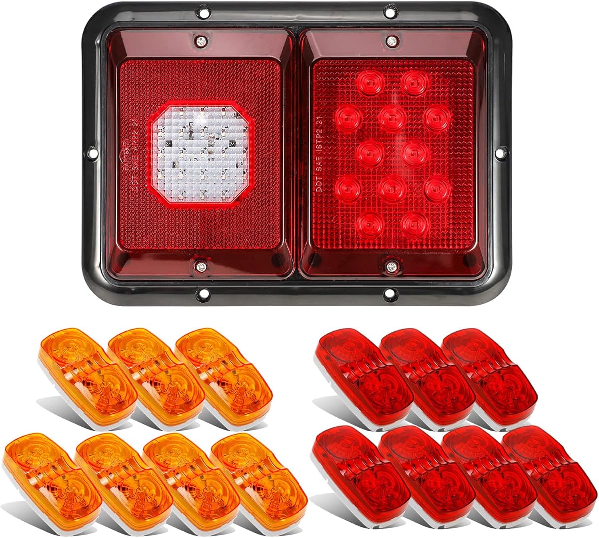 Partsam 2Pcs Double Led Trailer Tail Lights + 14Pcs Double Bullseye Led Side Marker Lights Surface Mount RV Camper Trucks