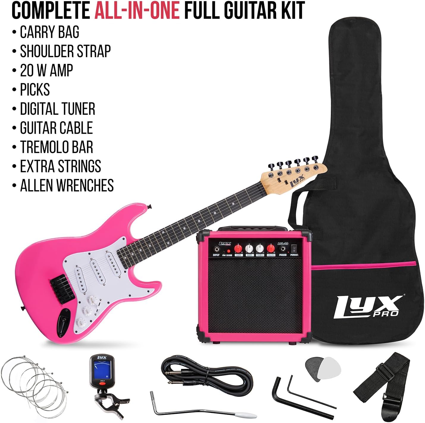 LyxPro 36 Inch Electric Guitar and Kit for Kids with 3/4 Size Beginner’s Guitar, Amp, Six Strings, Two Picks, Shoulder Strap, Digital Clip On Tuner, Cable and Soft Case Gig Bag -Pink