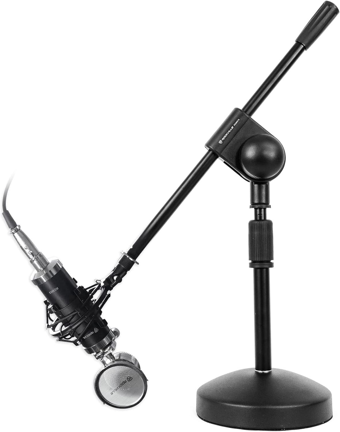 Rockville RCM03 Pro Bundle: Studio Recording Condenser Microphone with Metal Shock Mount, RDMS70 Desktop Mic Stand w/Steel Round Base and Adjustable Height for Podcast, Voiceover, Streaming, 2-Items