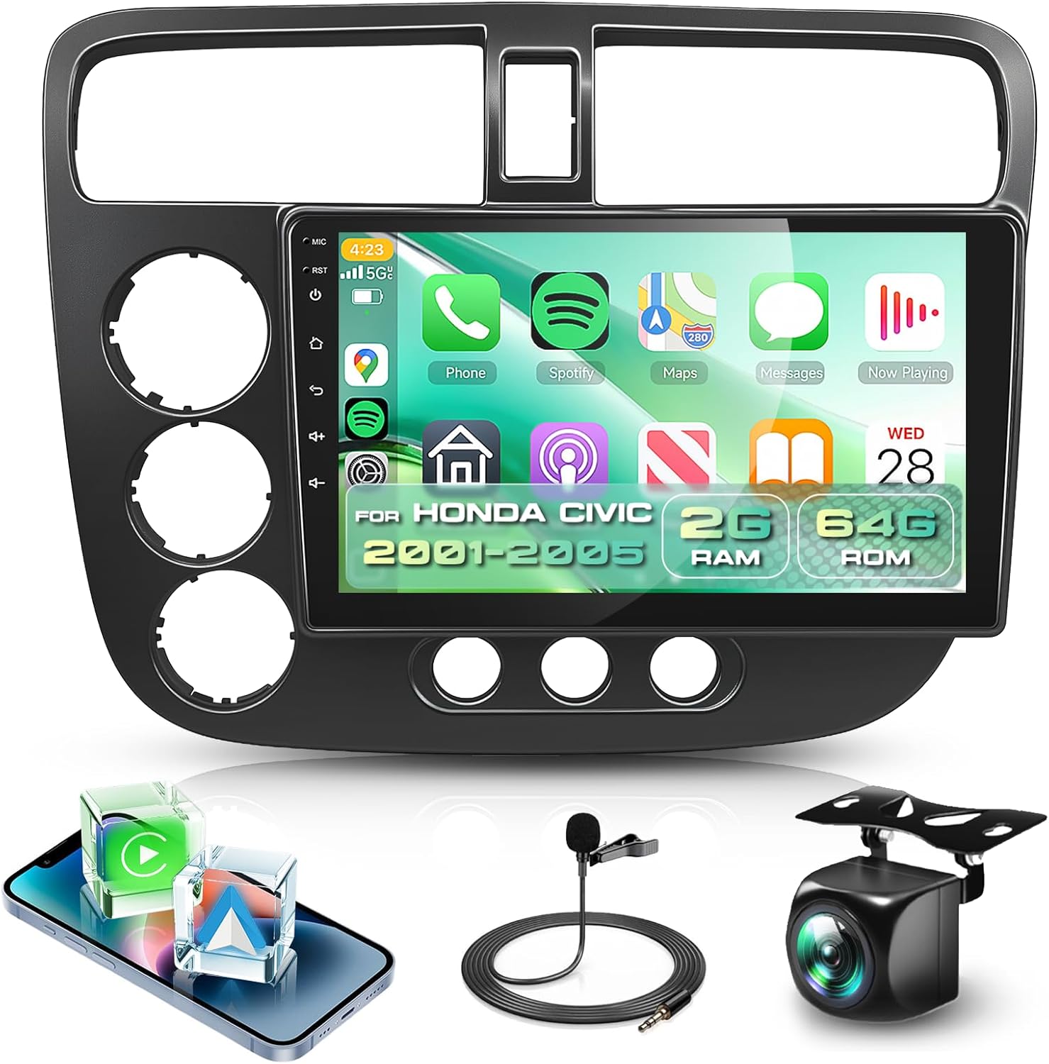 Podofo 2+64G for Honda Civic 2001-2005 Car Stereo with Wireless CarPlay/Android Auto,9 Inch 1280 * 720P IPS Touch Screen Car Radio with Android 13/GPS/WiFi/BT5.0/32-Band/DSP/HD Backup Camera