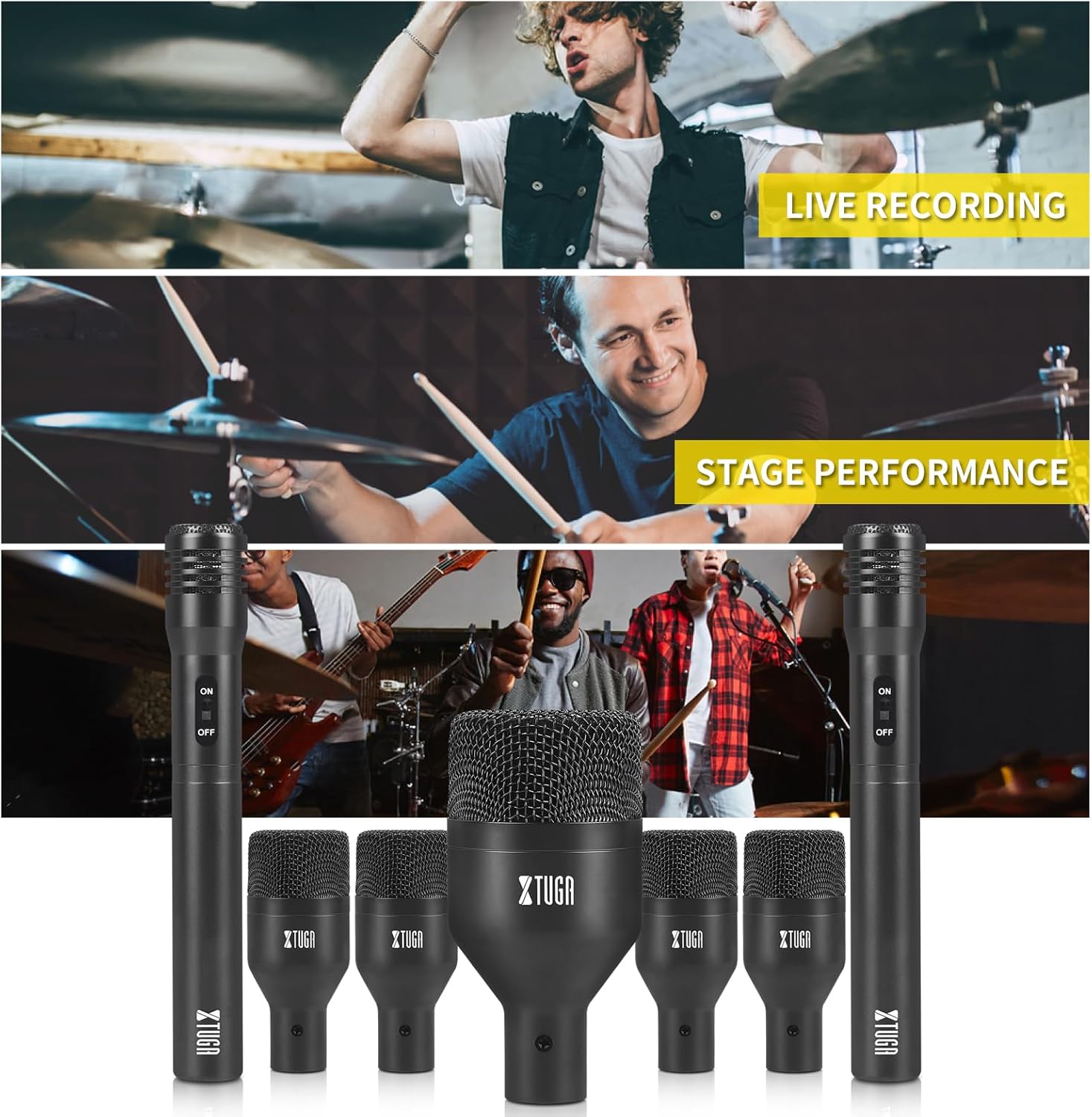 XTUGA New DI7 7 PCS Wireless Dynamic Drum Mic Kit Metal Kick Bass, Tom/Snare & Cymbals Microphone-Use for Drums, Vocal, Other Instrument with Thread Clip On Stage