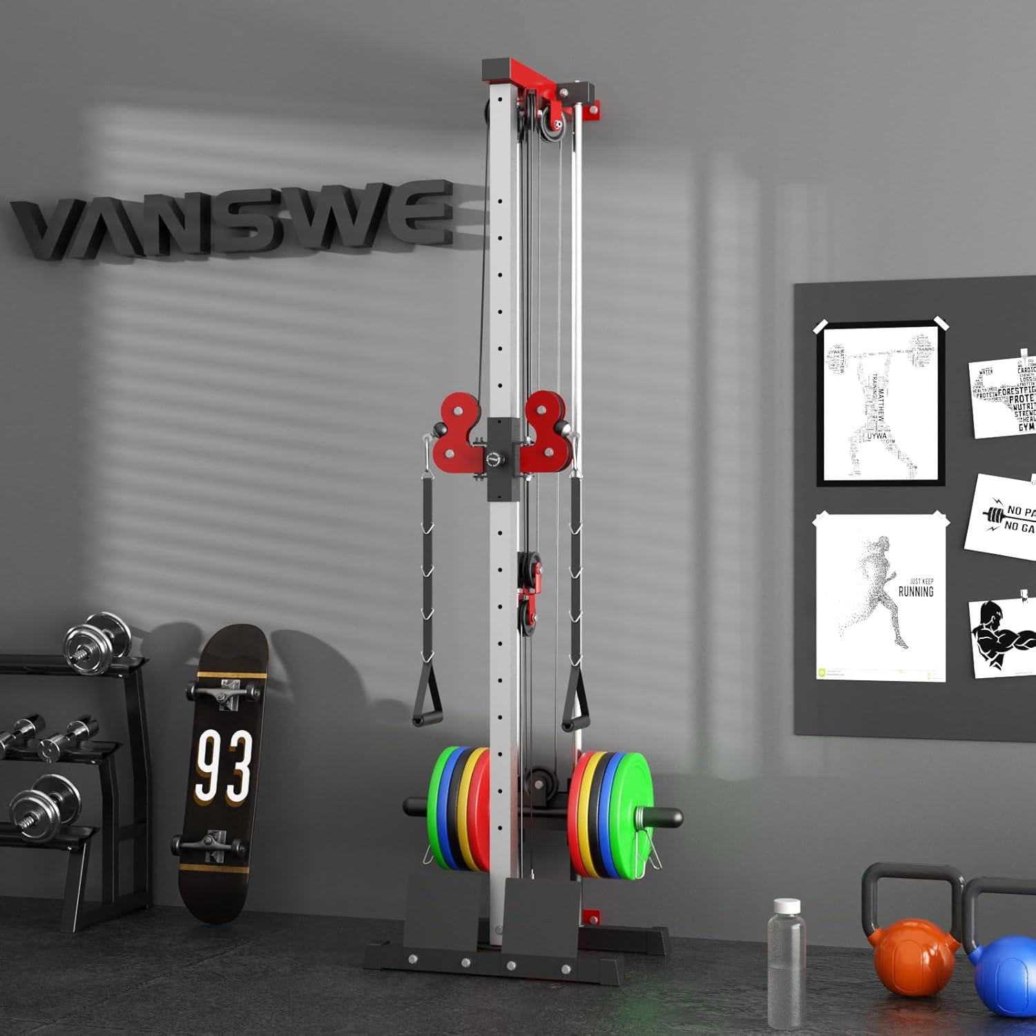 VANSWE Wall Mount Cable Station, 18 Positions Adjustable Dual Pulleys Wall Mounted Cable Machine with Removable Footplate