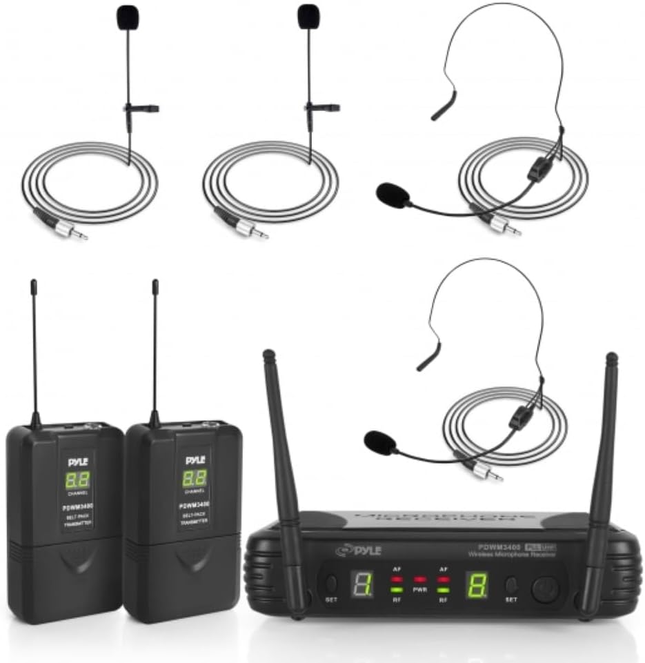 Pyle 2 Channel Wireless Microphone System - Portable UHF Digital Audio Mic Set with 2 Headset, 2 Lavalier lapel, 2 Transmitter, ¼’’ cable, power adapter - For Karaoke, PA, DJ, - PDWM3400,Black
