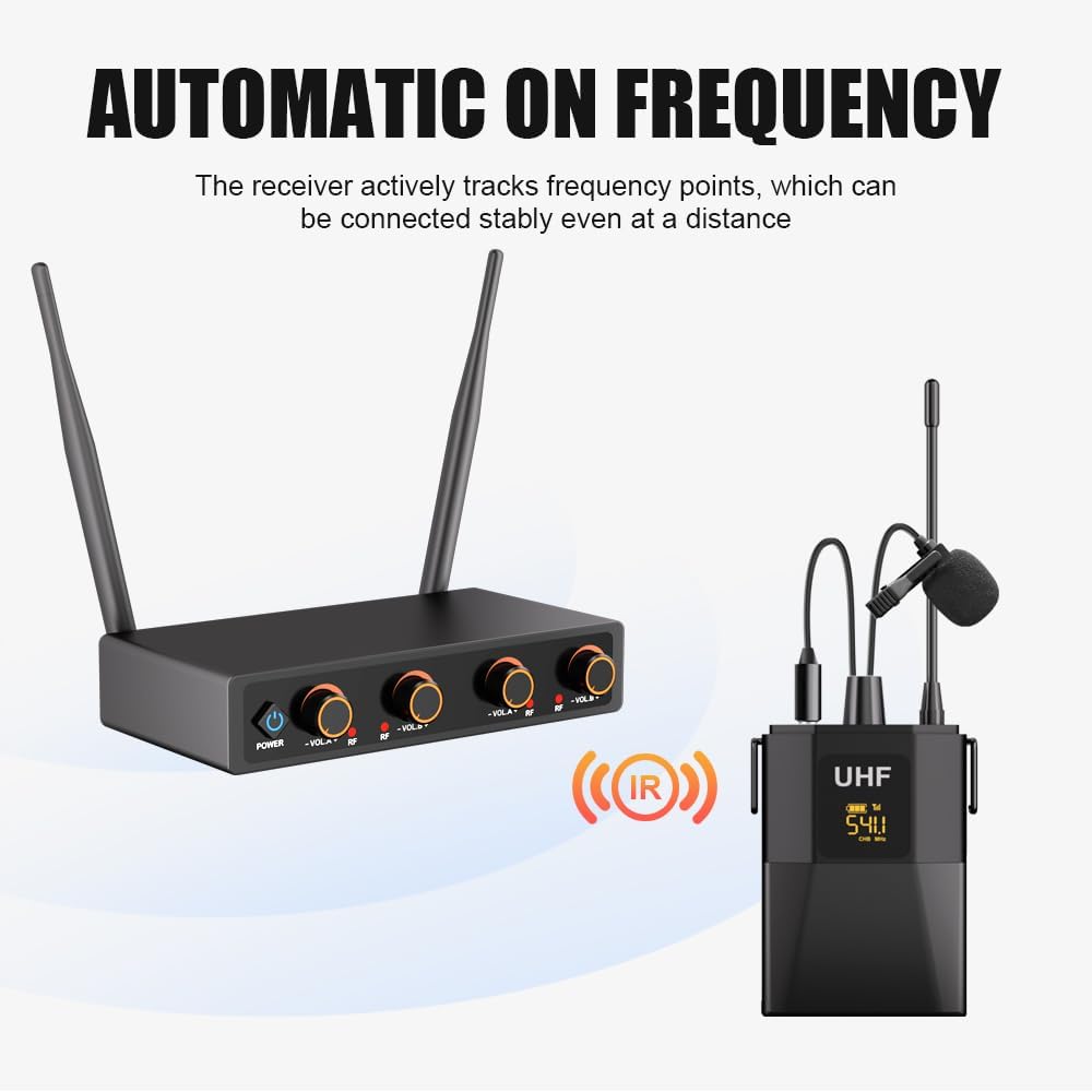 Wireless Microphone System with 4 Lavalier Microphones, Backpack Transmitter, 220 ft. Range, Ideal for Parties, Singing, Karaoke, Conferences, Churches.