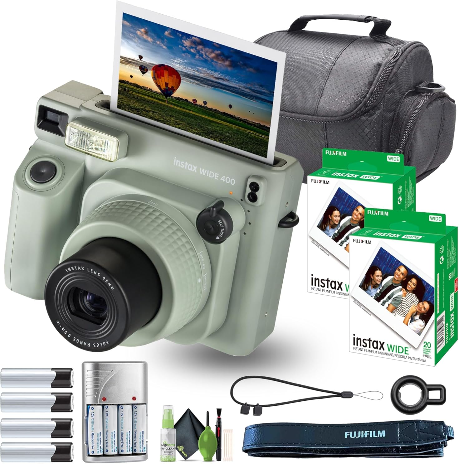 Fujifilm Instax Wide 400 Instant Film Camera Bundle with Fuji Instax Wide Instant Film Color Print (40 Sheets) + Travel Bag + Rechargeable Batteries with Charger and Lens Cleaning Kit