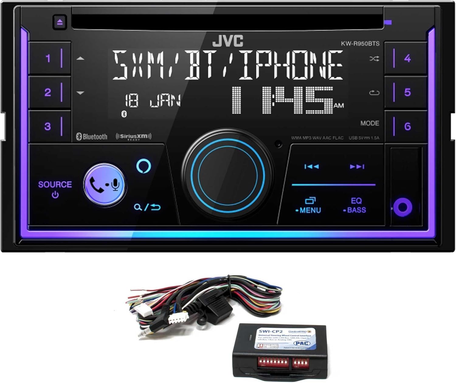 JVC KW-R950BTS 2-DIN CD Receiver BT/USB/Sirius XM/Amazon Alexa/13-Band EQ/Variable-Color Illumination with SWI-CP2 Steering Wheel Interface