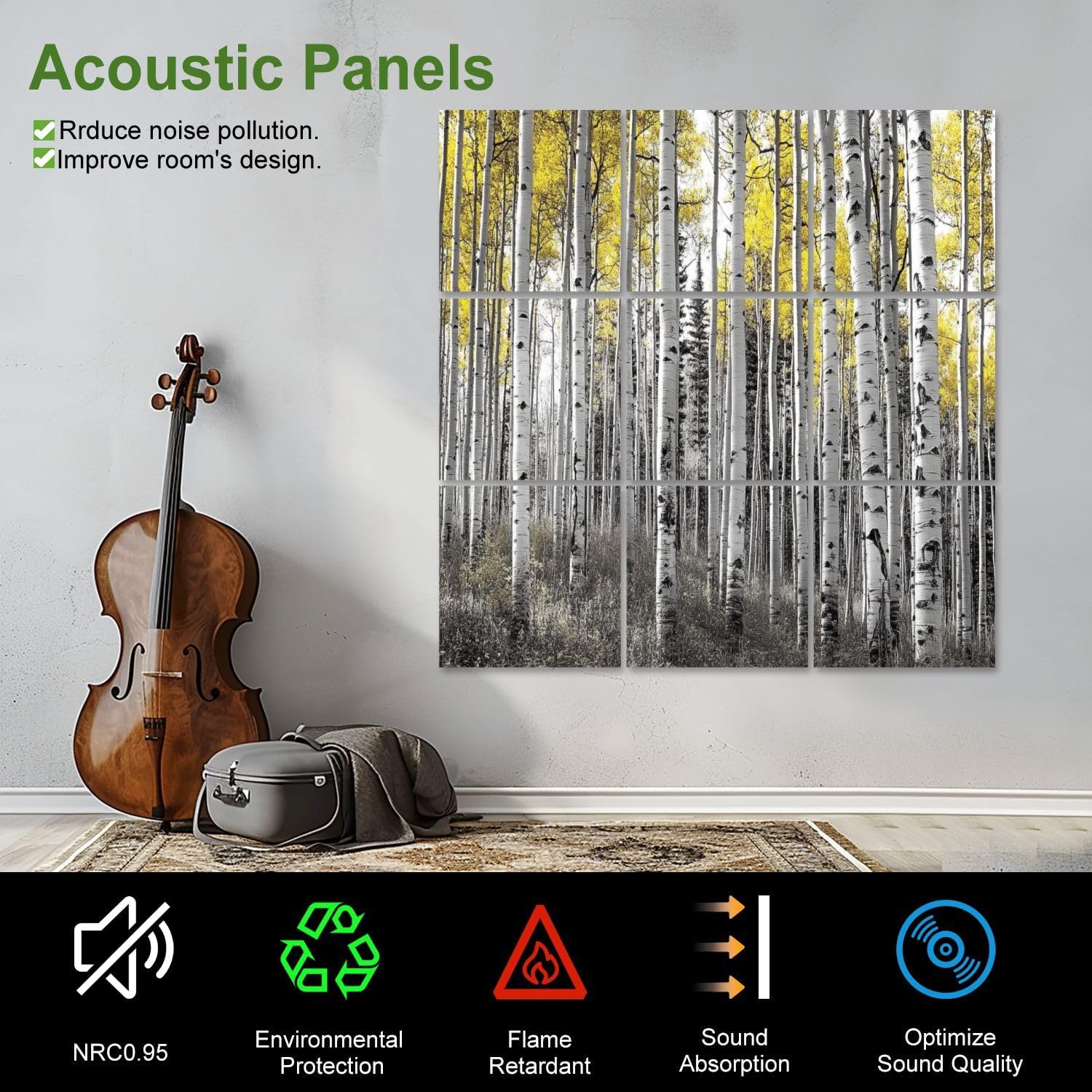 Art Acoustic Panels Self Adhesive thick forest tall aspen trees golden aspenss pictures 9 Packs Decorative Soundproof Wall Panels Large Sound Absorbing Panels for Home Office 60