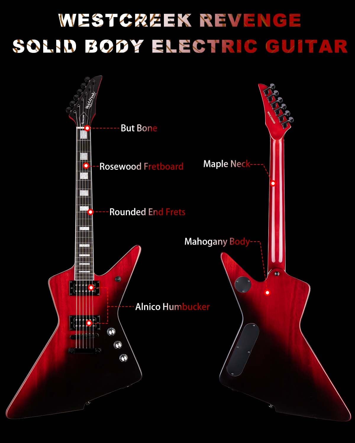 WestCreek Revenge Solid Body Electric Guitar, Heavy Metal Guitar, Right Handed, Heavy Metal Pickups, Rounded End Jumbo Frets, Bone nut, Rosewood Fretboard, Mahogany Body (Gradient Red)