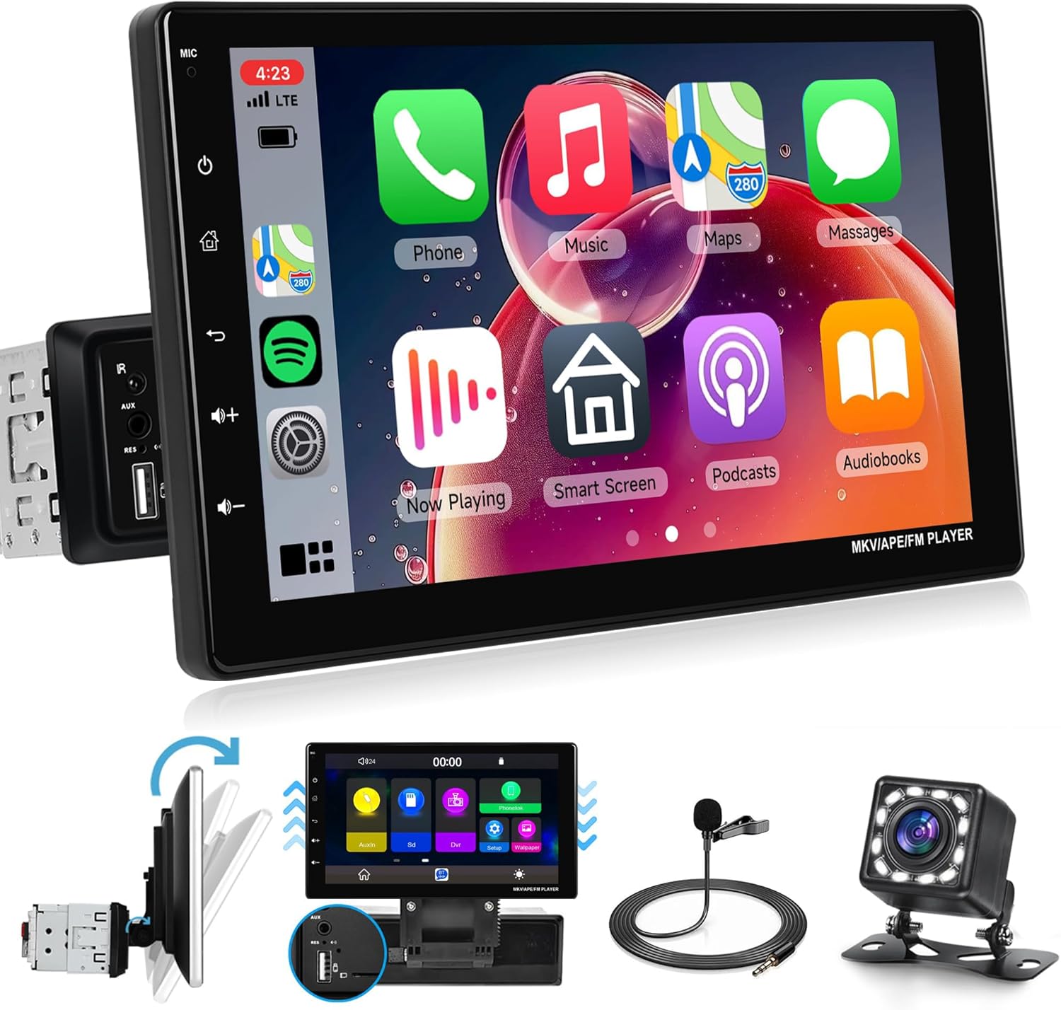 9 Inch Single Din Carplay Car Stereo Android Auto Touch Screen, Rimoody Detachable Car Radio Mirror Link/1080P/EQ Audio/SWC/Bluetooth/FM/TF/USB/AUX +Backup Camera+MIC