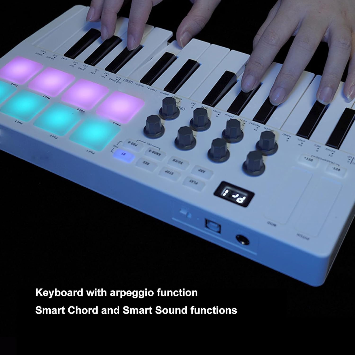 25 Key USB MIDI Keyboard Controller with 8 Backlit Drum Pads, 8 Assignable Knobs, Supports Bluetooth or Wired Connection, for for OS X for Android