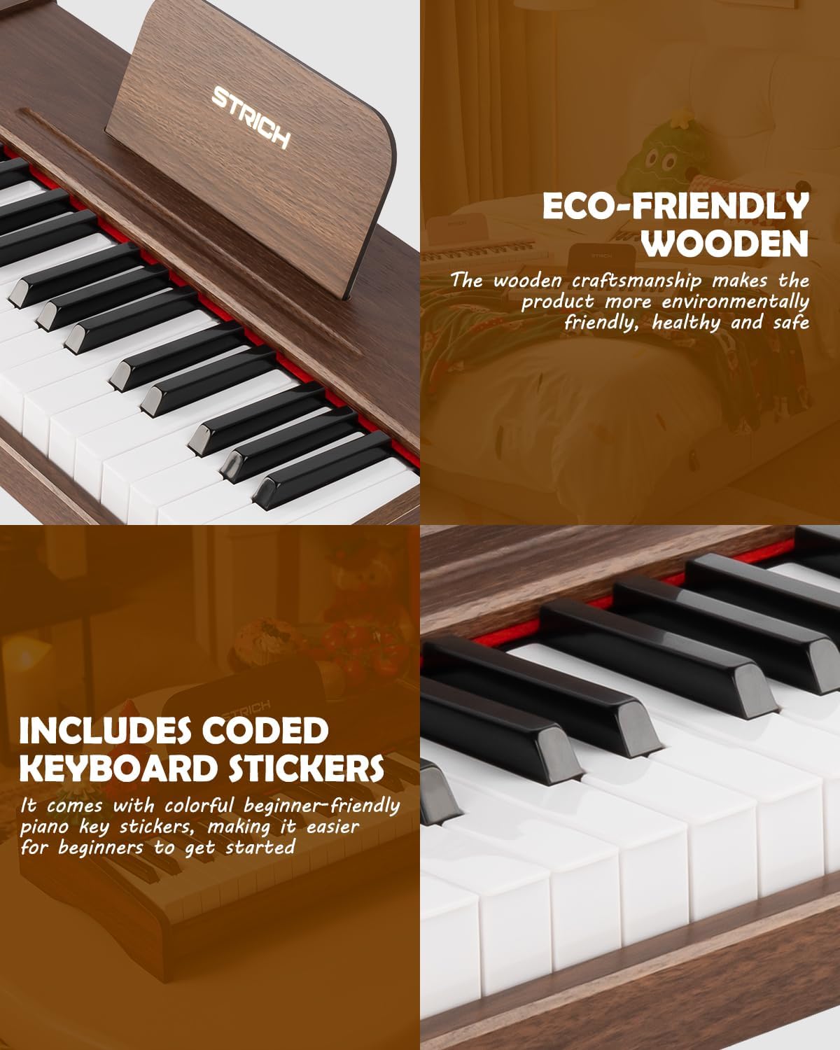 STRICH 37 Keys Kids Piano Keyboard, Mini Digital Piano for Kids, Volume Adjustable, Music Book, Wood Piano for 3+ Girls and Boys, Walnut Color, SEK-37