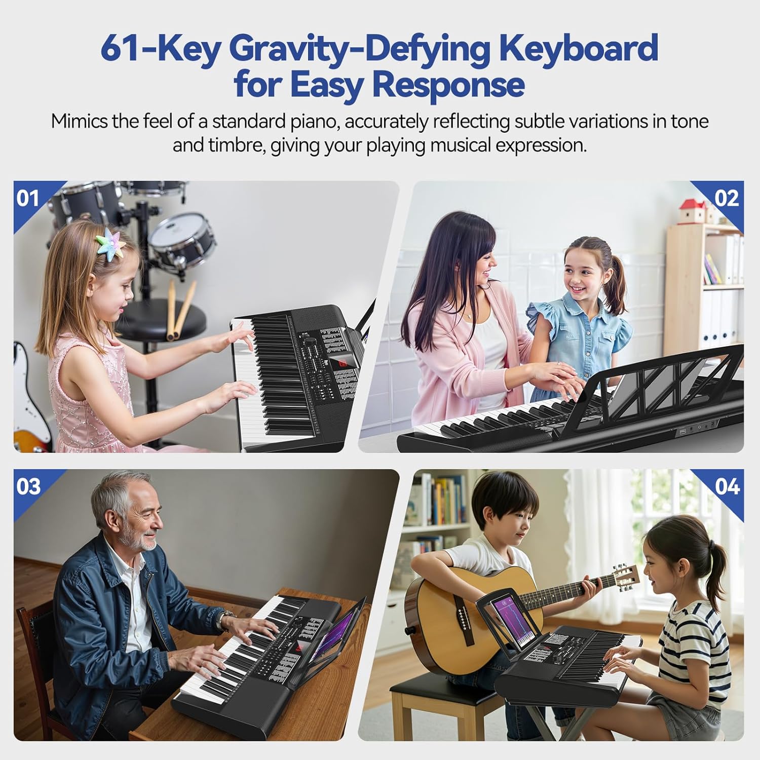 Keyboard Piano 61 Keys, Electric Piano Keyboard Kit with 255 Voices, 255 Rhythms, Powered by Power Adapter or Battery with LCD Display, Includes Sheet Music Stand, Piano Note Stickers, Earbuds