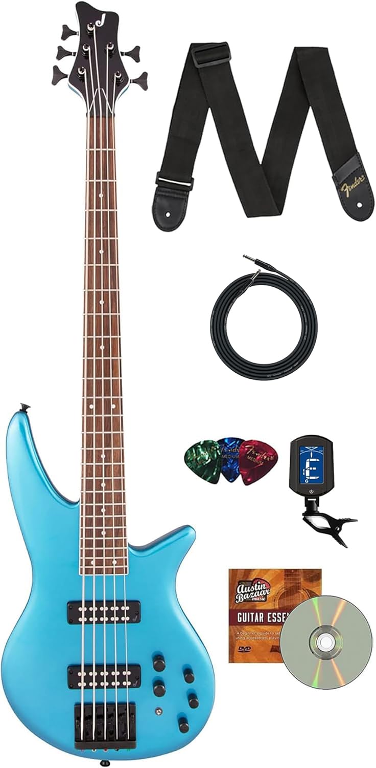 Jackson Spectra Bass SBX V Bass Guitar - Electric Blue Bundle with Cable, Guitar Strap, Tuner, Picks, and Austin Bazaar Instructional DVD
