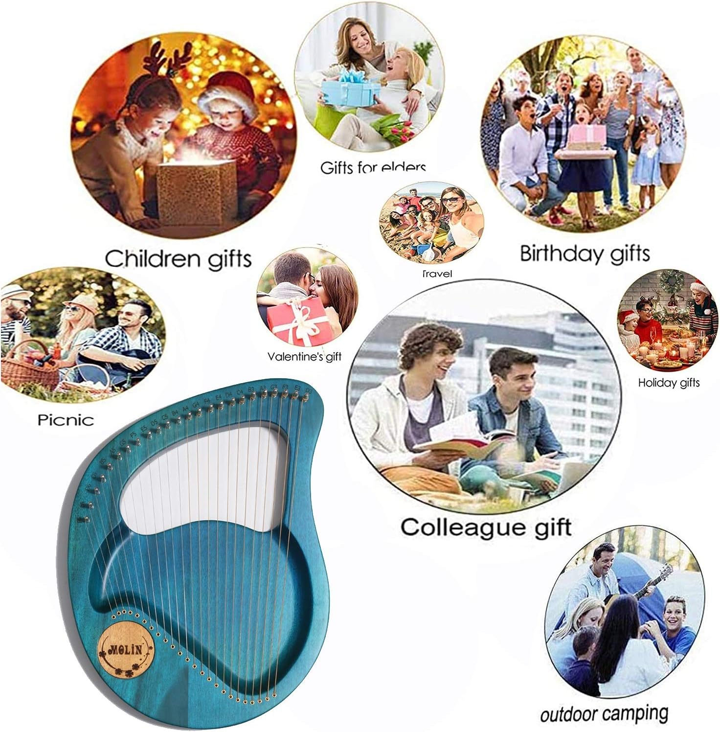 Lyre Harp 24 String Bone Saddle Lye Harp,Mahogany String Instrument with Tuning Wrench and Gig Bag for Music Lovers Beginners Children Adults Kids (Color : A)