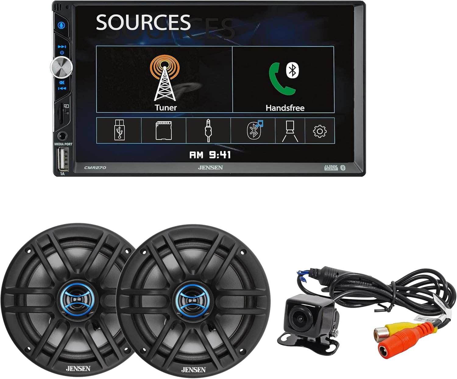 JENSEN CMR270 7-inch Car Stereo with BUCAM100J Backup Camera & JS62 6.5 inch Speakers