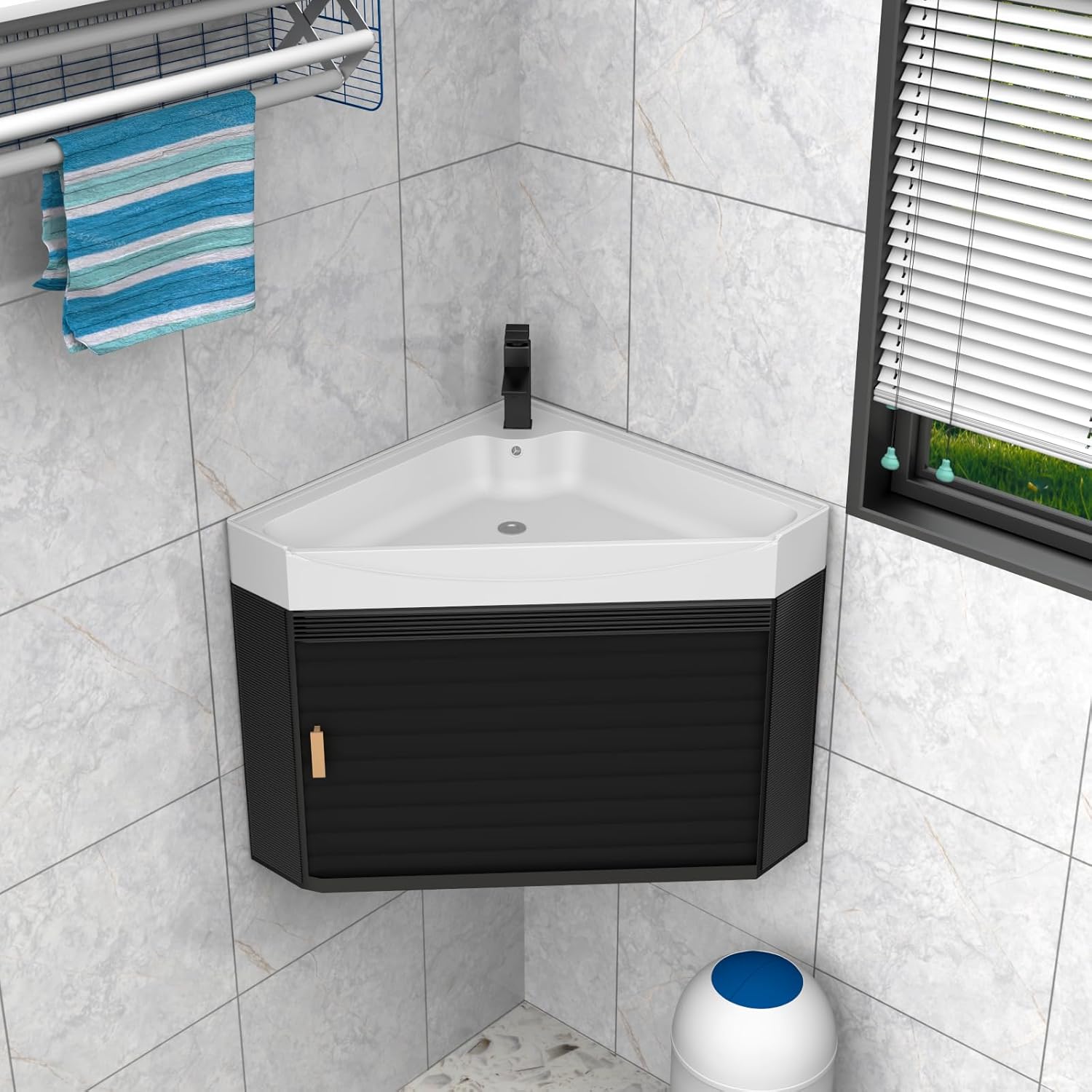 Corner Bathroom Vanity with Metal Cabinet, Modern Corner Bathroom Vanity, Wall Mount Small Utility Sink, Pedestal Sink Set with Drain, Console Sink(Black, 16.53in)