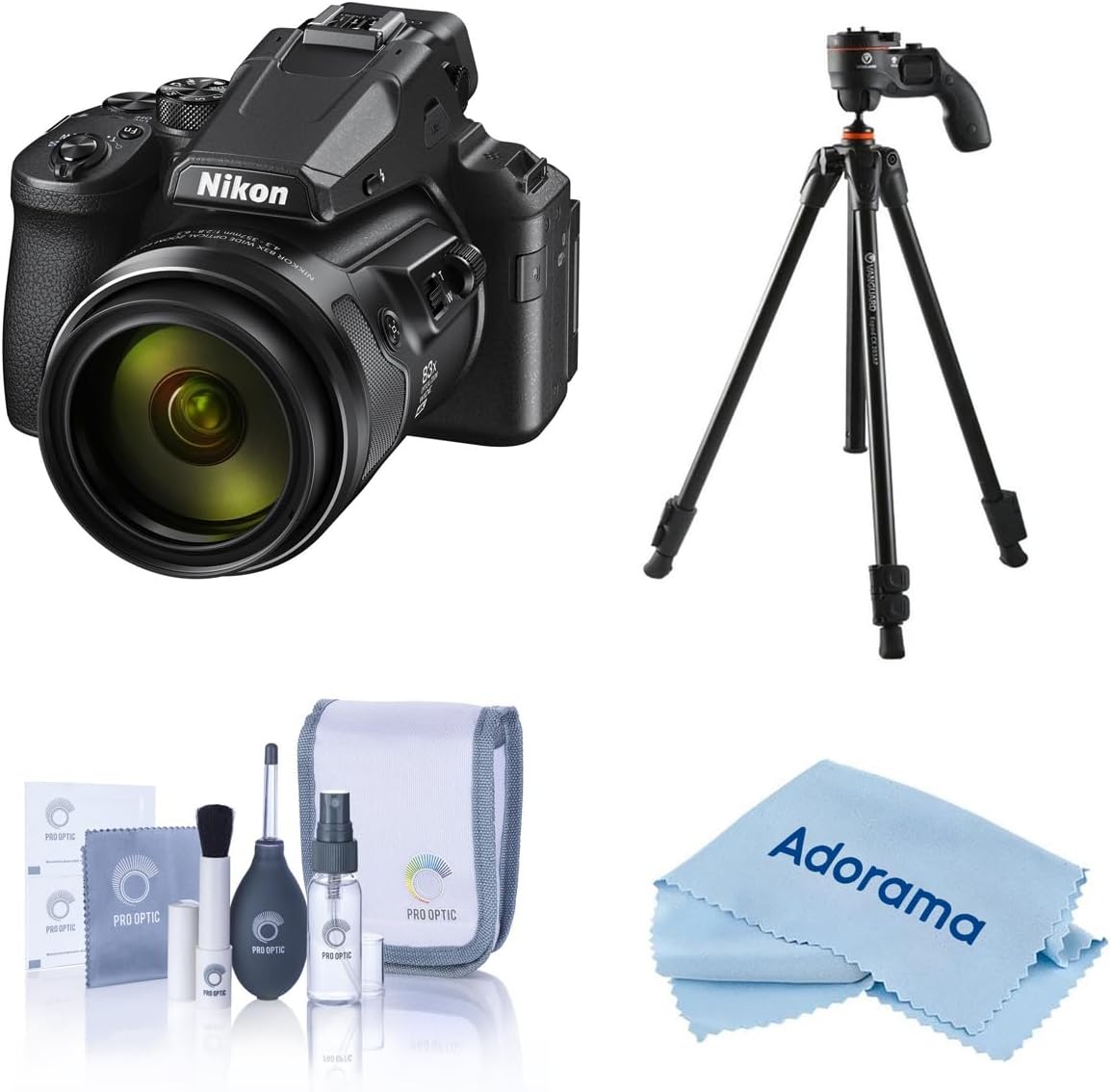 Nikon COOLPIX P950 Digital Camera, Bundle with Takama Aluminum 3-Section Tripod with 3-Way Head, Cleaning Kit, Microfiber Cloth
