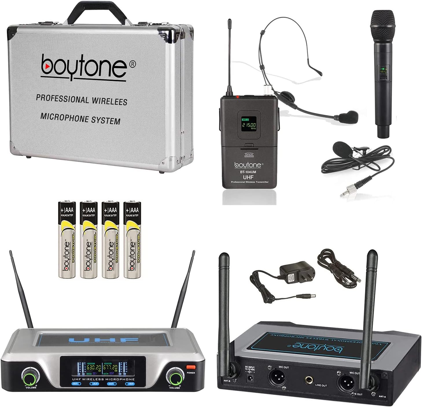 Boytone, UHF Wireless Microphone System, Dual fix Channel Handheld Dynamic Mics/Lapel/Headset/Body Pack, for Home Party, Meeting, Wedding, Church, with Aluminum Carrying case, 110/220 (BT-104UM)