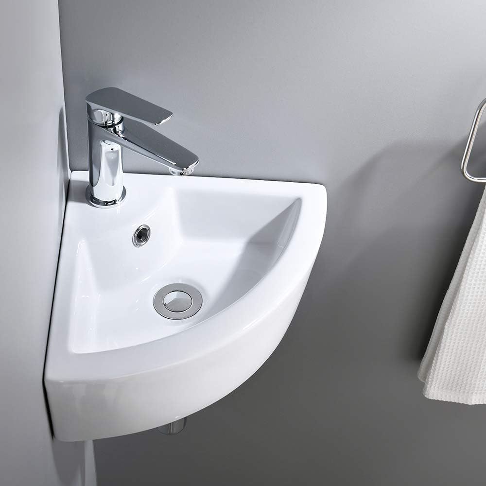 Small Corner Wall Mount Bathroom Sink and Faucet Combo - VOKIM White Porcelain Ceramic Above Counter Mini Vanity Vessel Sink with Chrome Faucet and Pop-up Drain Combo