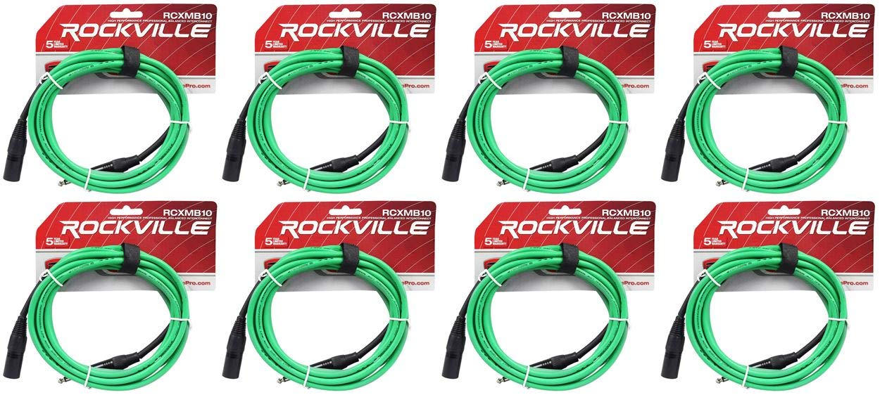 Rockville (8 RCXMB10G 10' Male REAN XLR to 1/4'' TRS Cable Green 100% Copper