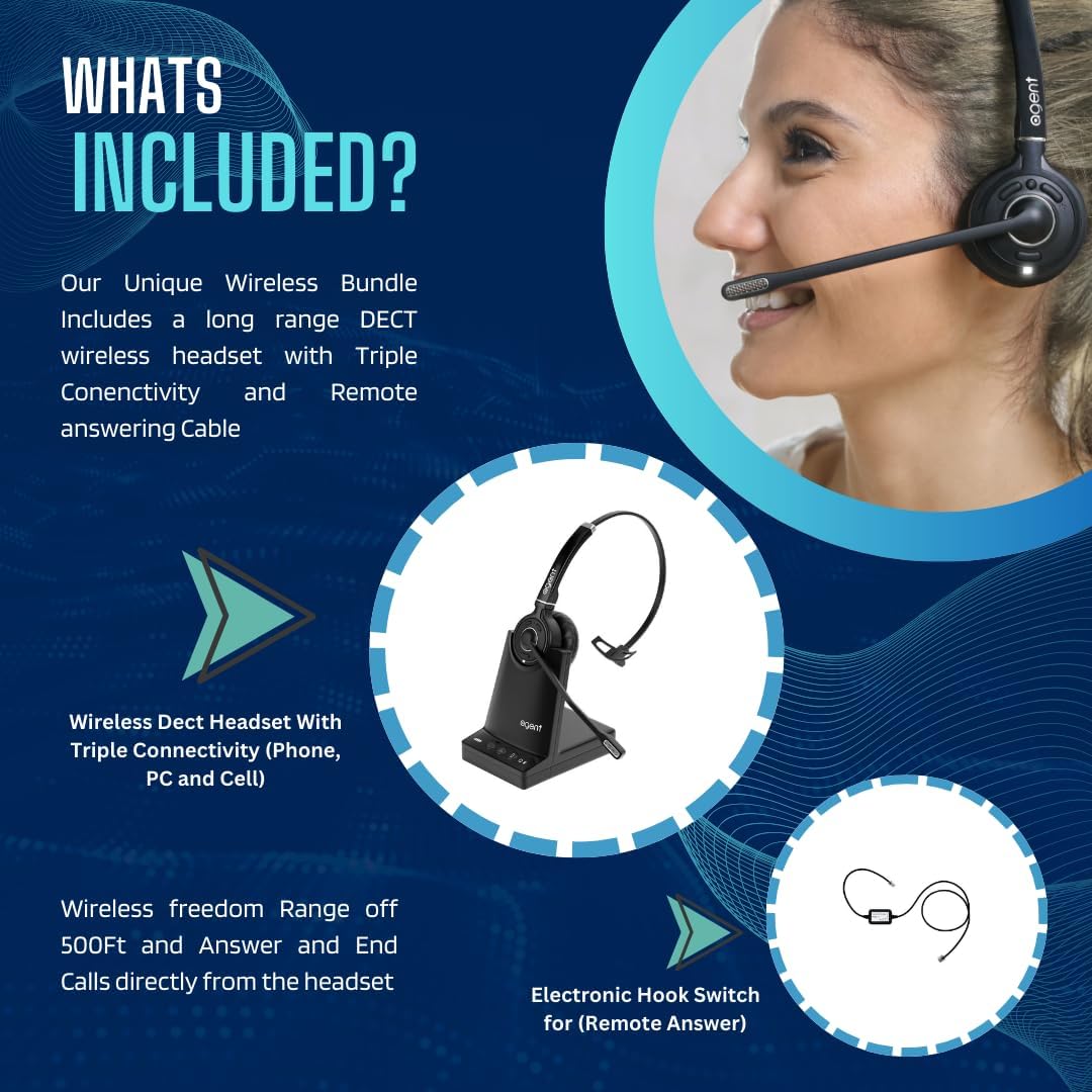 TruVoice Agent AW70 Wireless DECT Headset with Noise Canceling Microphone and Remote Answer Cable Compatible with Most Mitel Desk Phones - 3-in-1 Connection for Phone, PC and Cell.